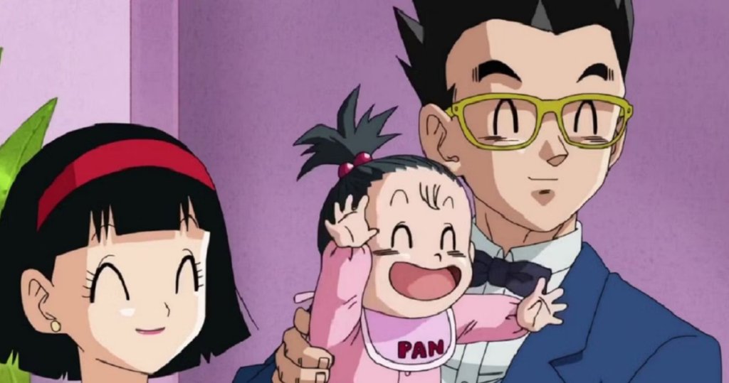 A smiling Pan is held by Gohan and Videl