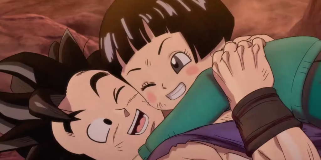 Pan embraces Gohan while laying on top of him