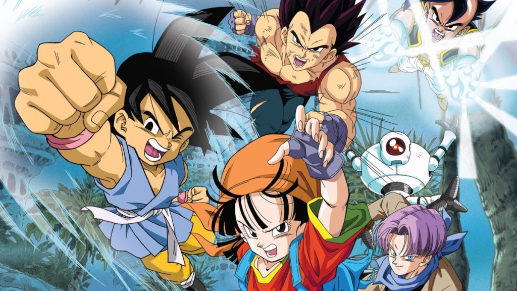 Goku and his allies flying in the sky ready for battle in Dragon Ball GT promo art