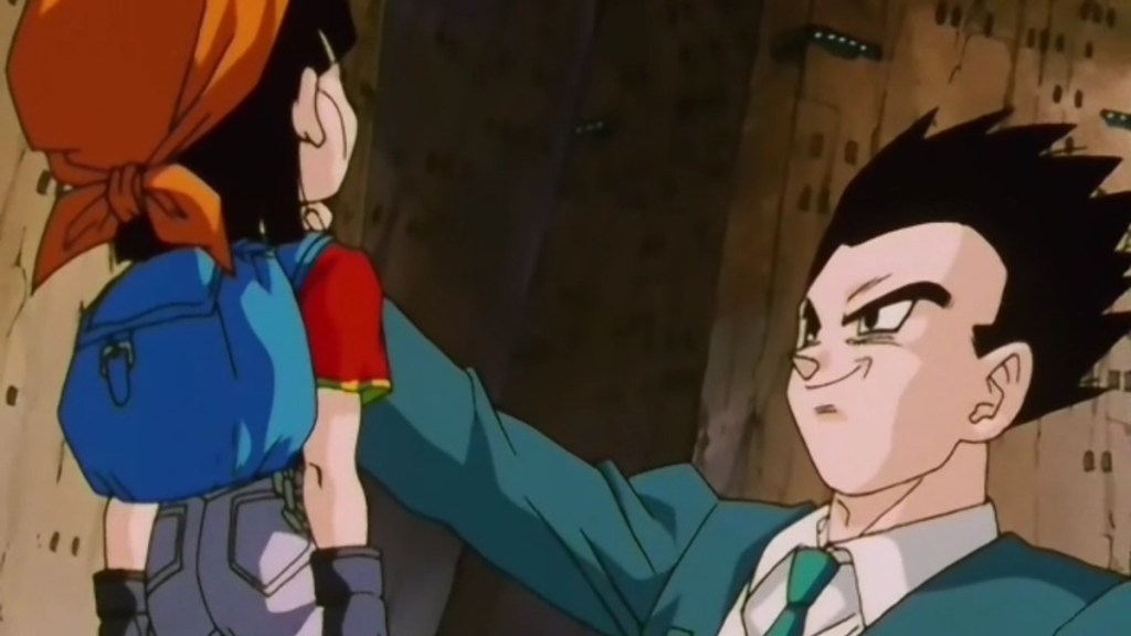 Gohan lifts Pan in a chokehold