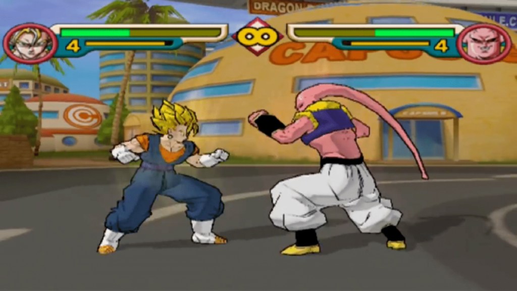 Super Saiyan Vegito fights Gohan Buu in a city as part of an article about every Dragon Ball Budokai game ranked