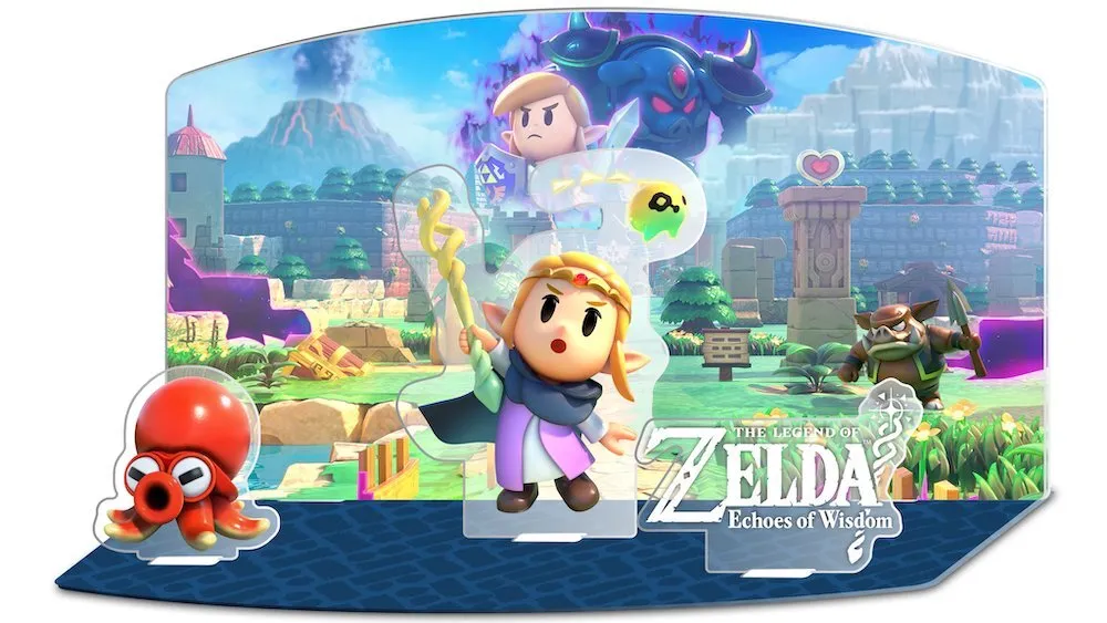 Le support en acrylique de Best Buy pour The Legend of Zelda ; Echoes of Wisdom, avec Zelda tenant une baguette tandis que Link et Gannon regardent en arrière-plan