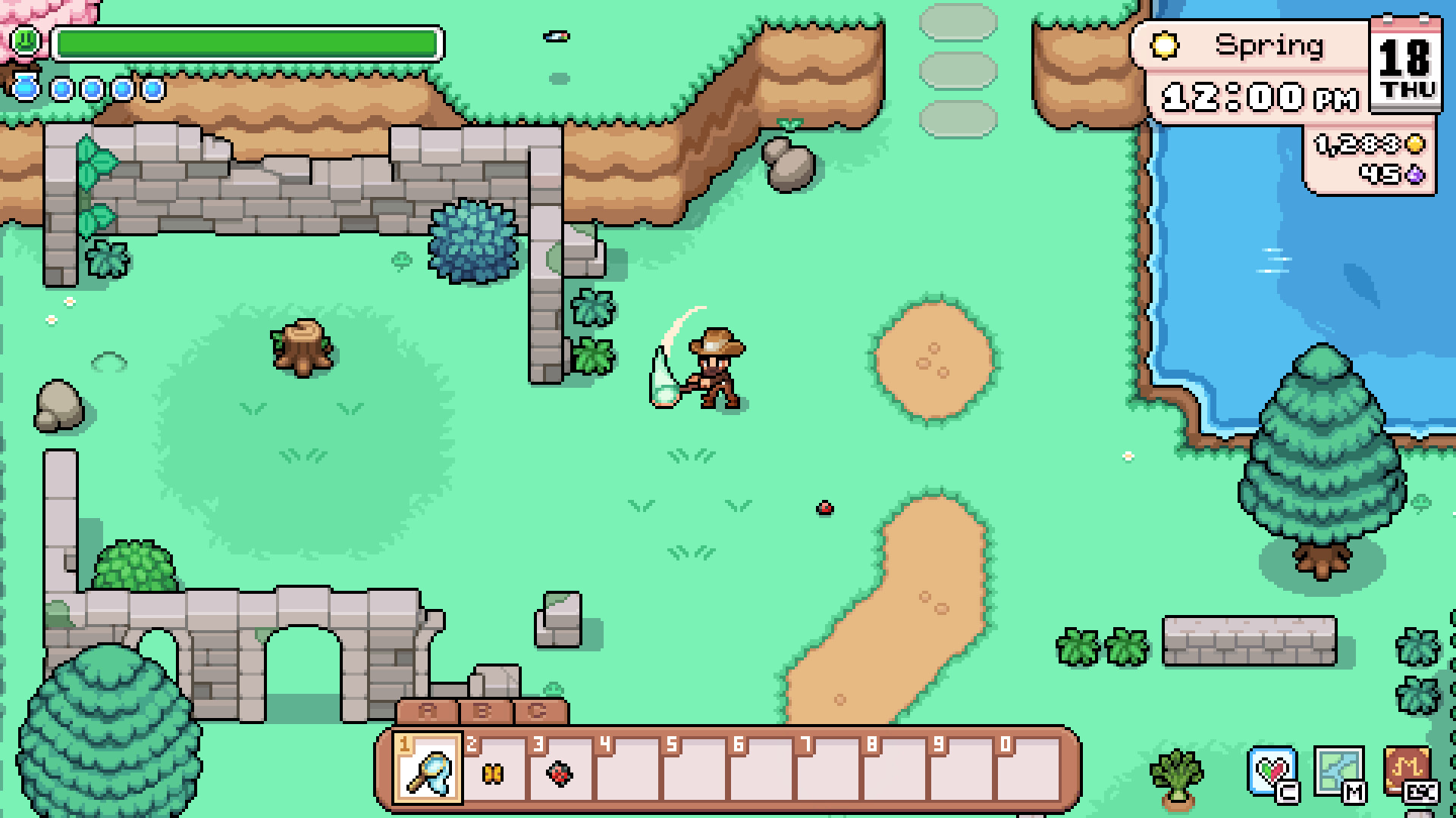 An image from Fields of Mistria of a player character in a cowboy hat using a bug net as part of an article on what tools to upgrade first in the game.