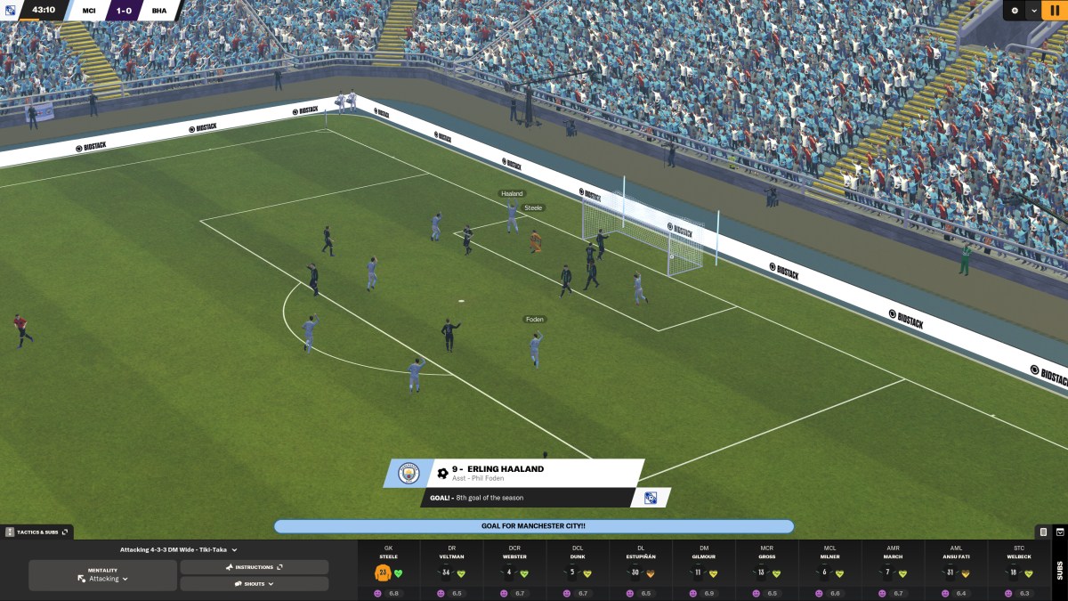 Football Manager 2024, a view of a football pitch, with players and crowd.