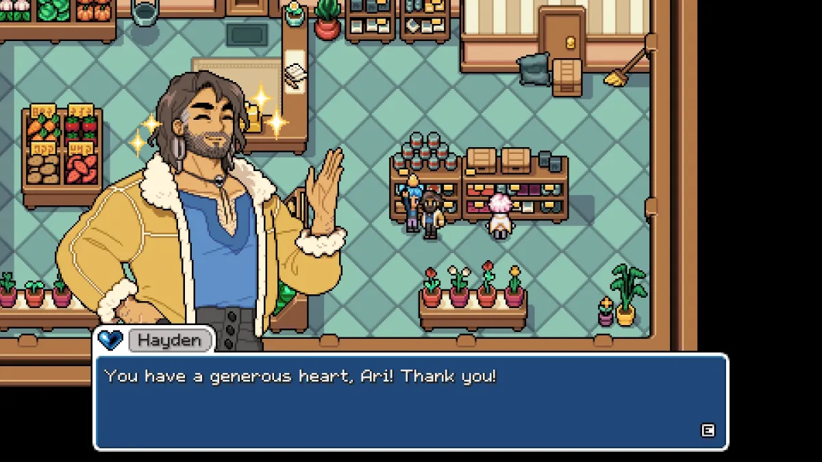 Image of Hayden grinning and thanking Ari in the general store for a gift of a golden egg 