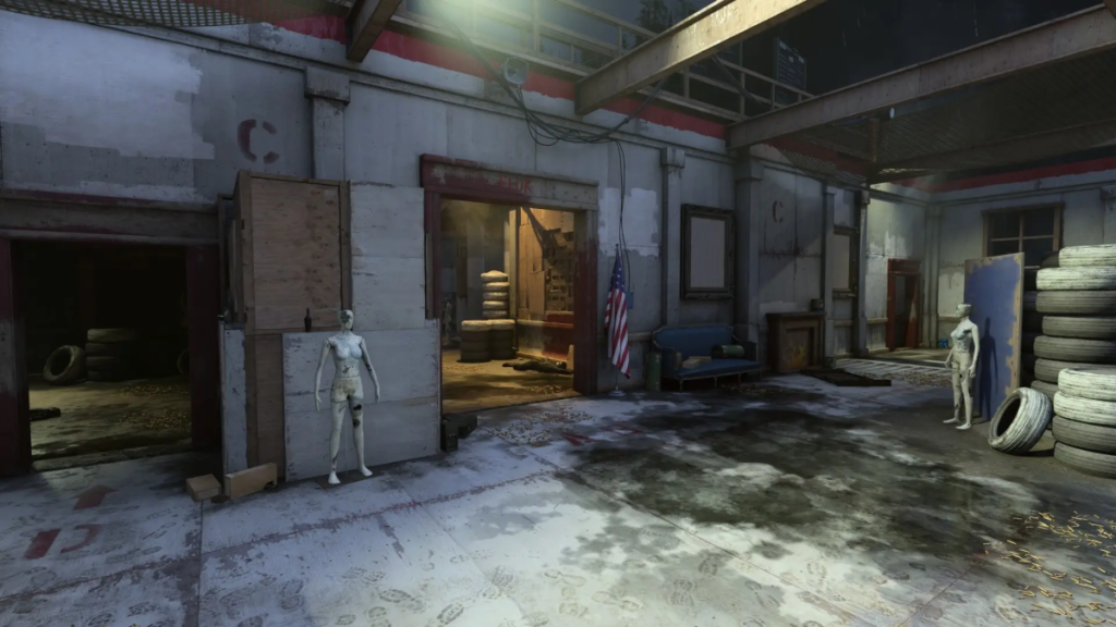 Das Haus in Call Of Duty Vanguard, featuring an open cement room with several mannequins coated in white dust