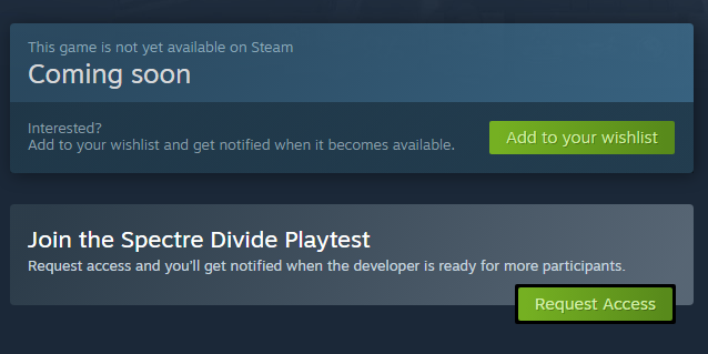 Image of a steam page with the release date and option to join the Spectre Divide Playtest