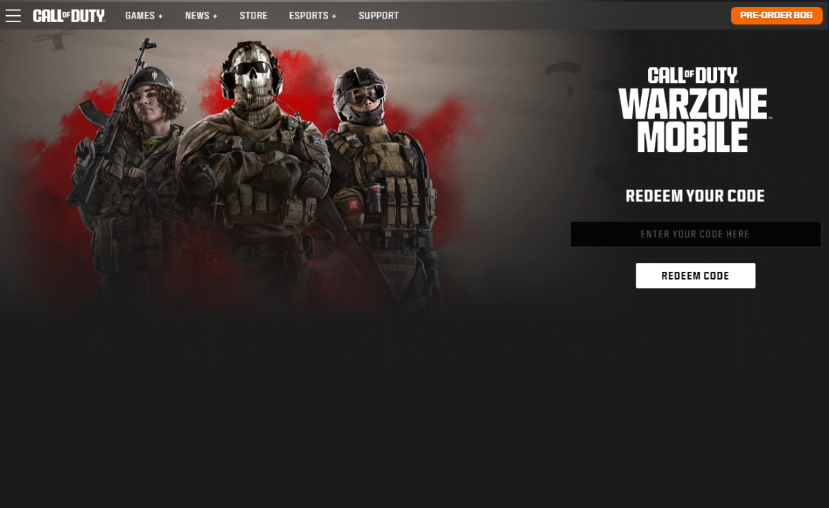 Image of the Call of Duty landing page, featuring three soldiers on a dark background and a box to input your black ops 6 code