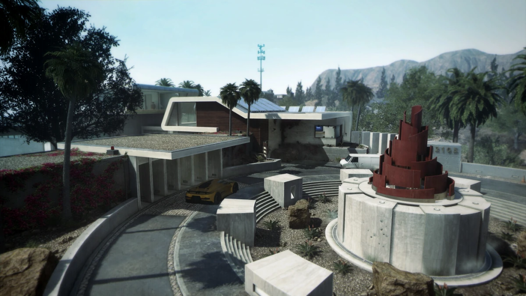 Raid in Call of Duty Black Ops 2, image of the driveway of a modern brutalist building