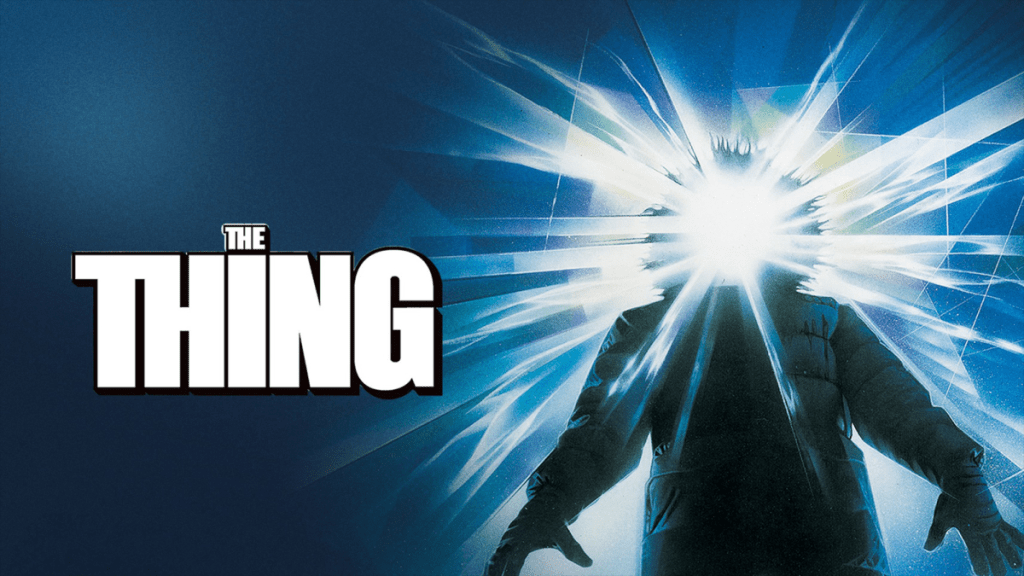 The Thing Poster, from Wallpaper Abyss, featuring a person with a bright light extending out from beneath their hood