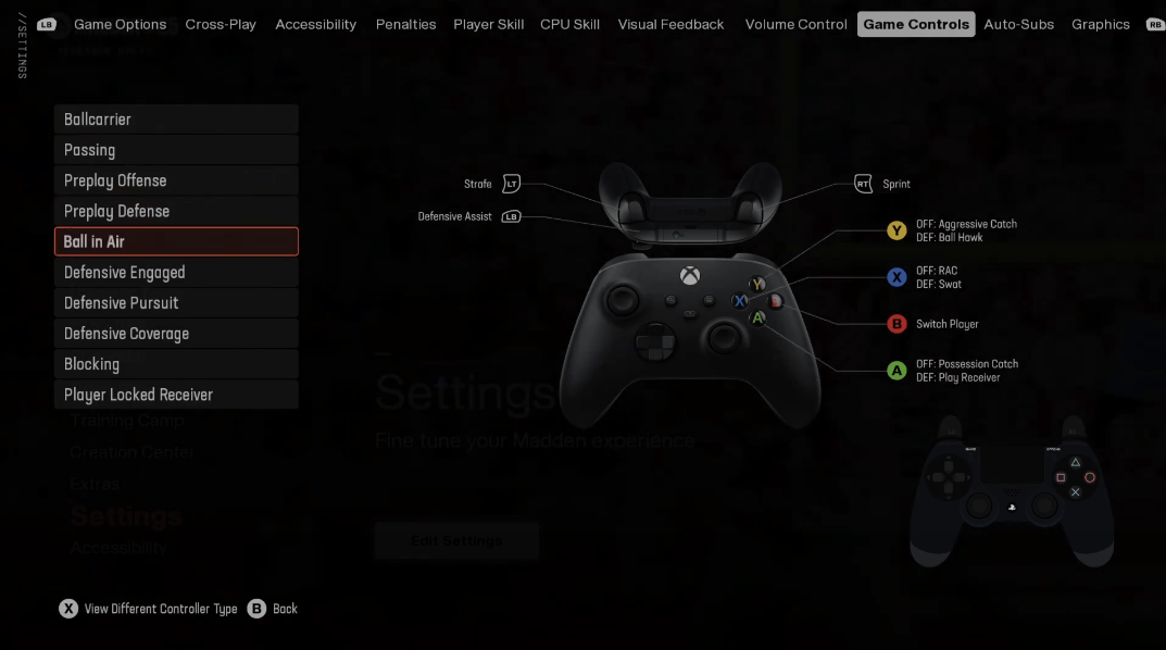 ball-in-air controls layout in madden nfl 25