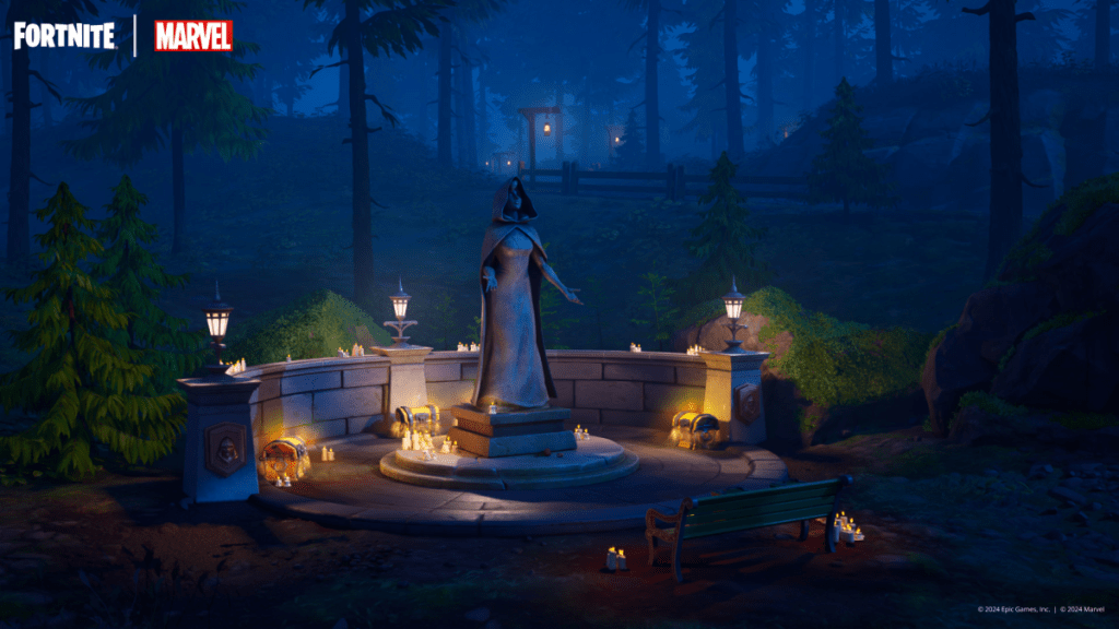 Statue outside of Doomstadt in Fortnite Chapter 5 Season 4, featuring a maiden in a cloak surrounded by treasure chests 