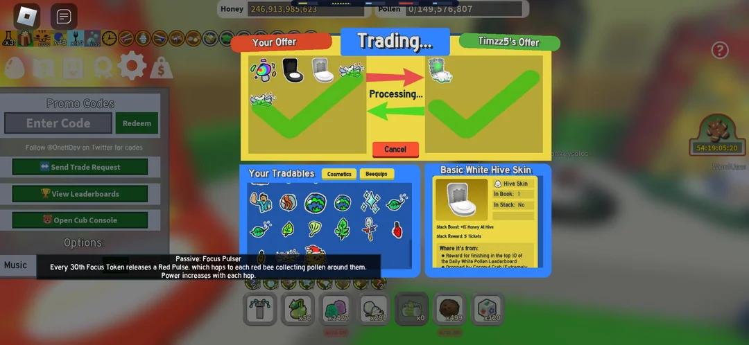 Image of the trading screen of the Bee Swarm Simulator, with someone offering a basic white hive skin for a variety of items 