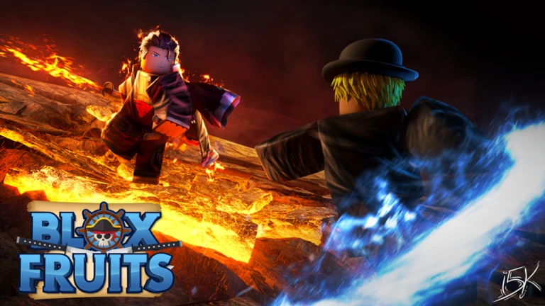 Image of two characters standing on a battle field wielding fire and ice with the Blox Fruits logo in the lefthand corner