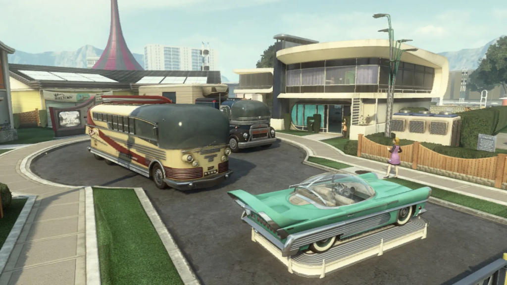 Nuketown 2025 in Call of Duty Black Ops 2, featuring a fake neighborhood with campy futuristic cars and homes