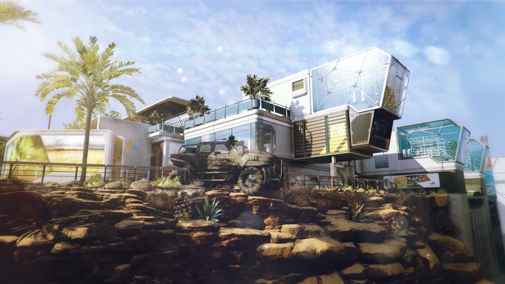 Combine Map in Call of Duty Black Ops 3, displaying a modern building on a cliffside, with several hydrolic gardens