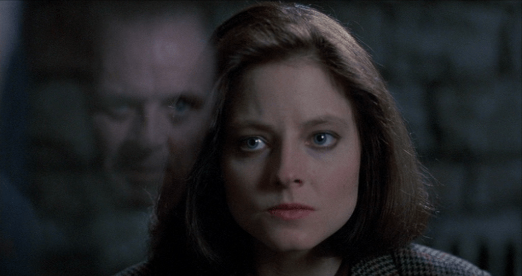 Clarice Interviews Hannibal in Silence of the Lambs, Hannibal's face reflected in the glass