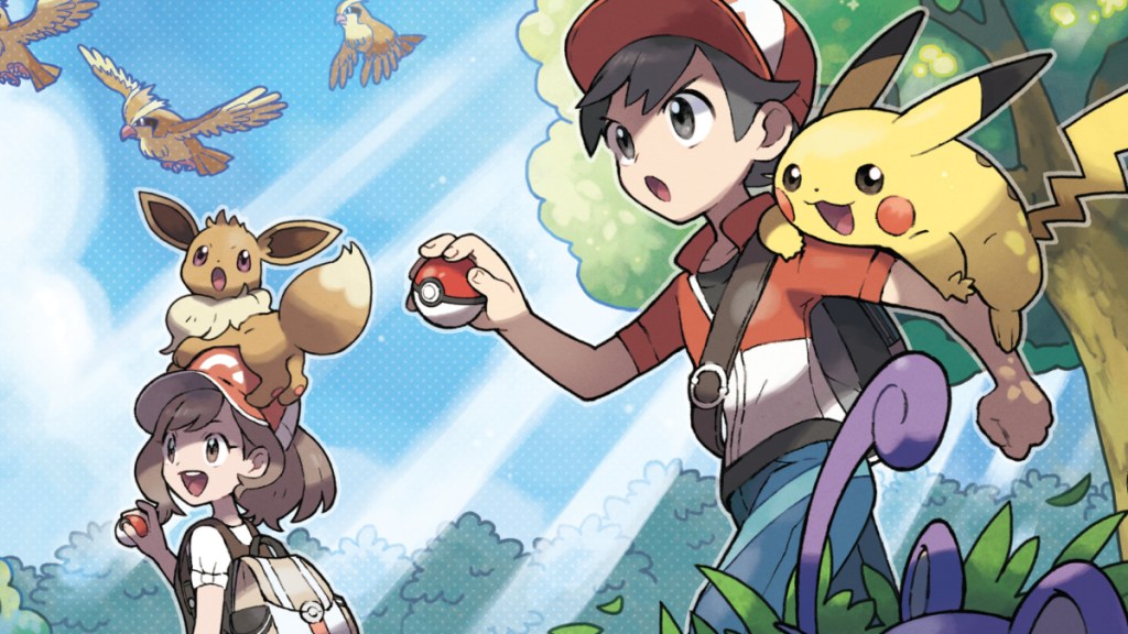 Pokémon trainers walk with their Eevee and Pikachu