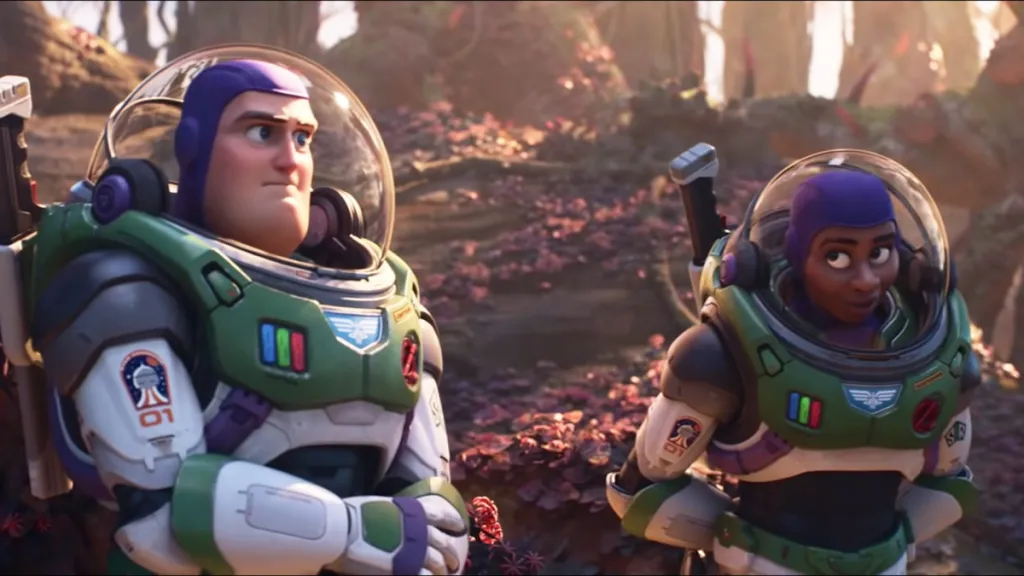 Buzz Lightyear explores a planet with Alisha in Lightyear