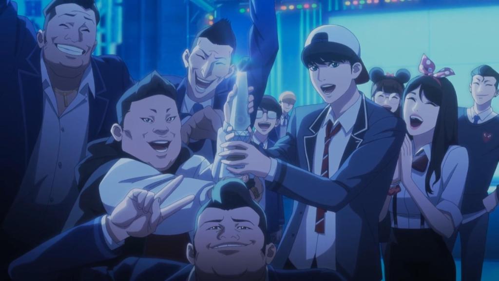 A group of characters looking happy in Lookism.