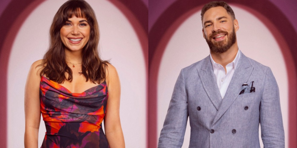 Steven and Sabrina stand together on a pink background smiling