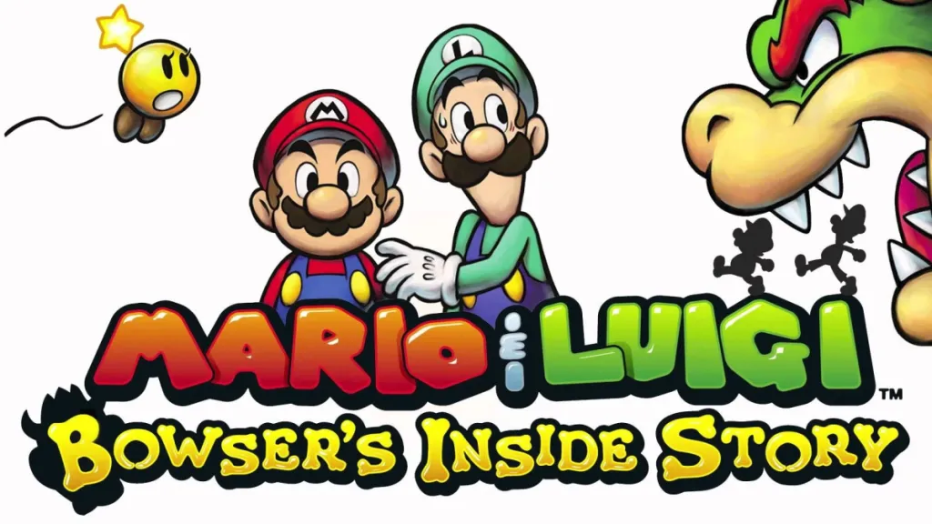 Mario stares directly at the viewer while Luigi cringes away from a screaming Bowser in the Mario & Luigi: Bowser's Inside Story cover art