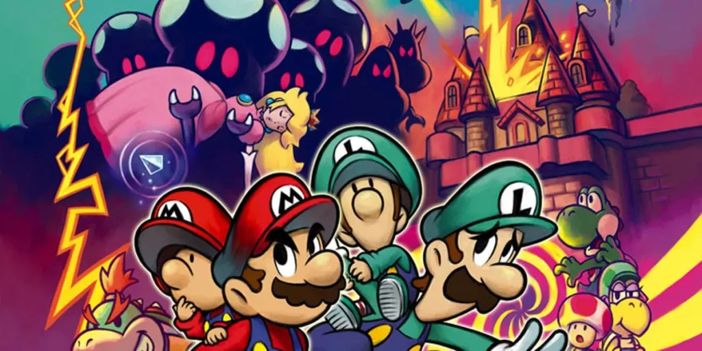 Mario and Luigi carry their younger selves while in the backgrop a castle burns in Mario & Luigi: Partners In Time cover art