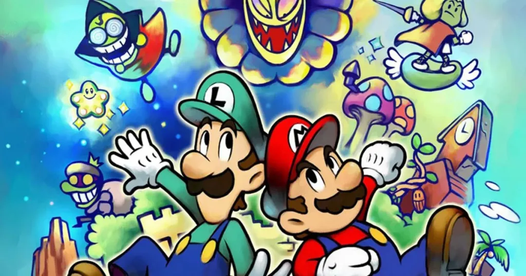 Mario and Luigi fall on a blue background while a wicked looking flower grins down at them in the Mario & Luigi: Superstar Saga cover art