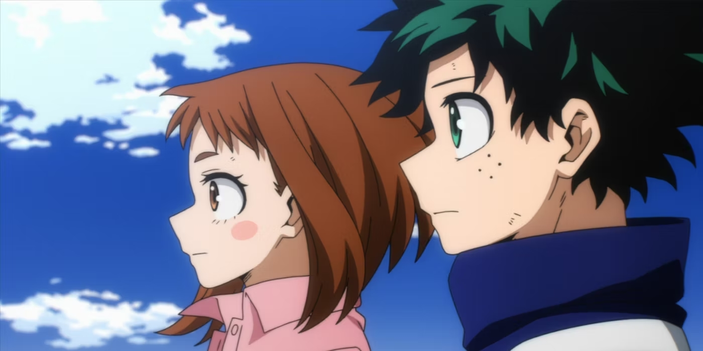 Uraraka and Deku stand together outside