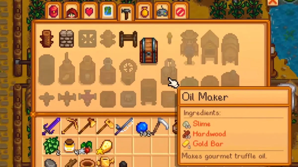 Image of the Stardew Valley crafting menu with a 