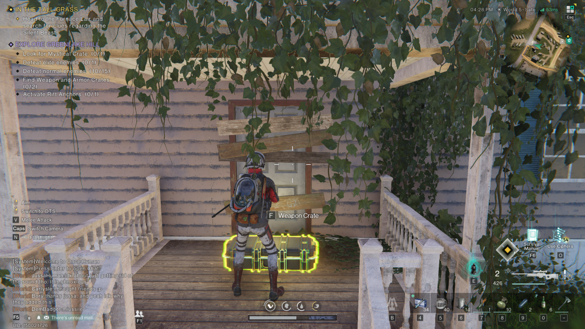 Image of the player standing on the porch of a boarded up house in Once Human with a weapon crate at his feet