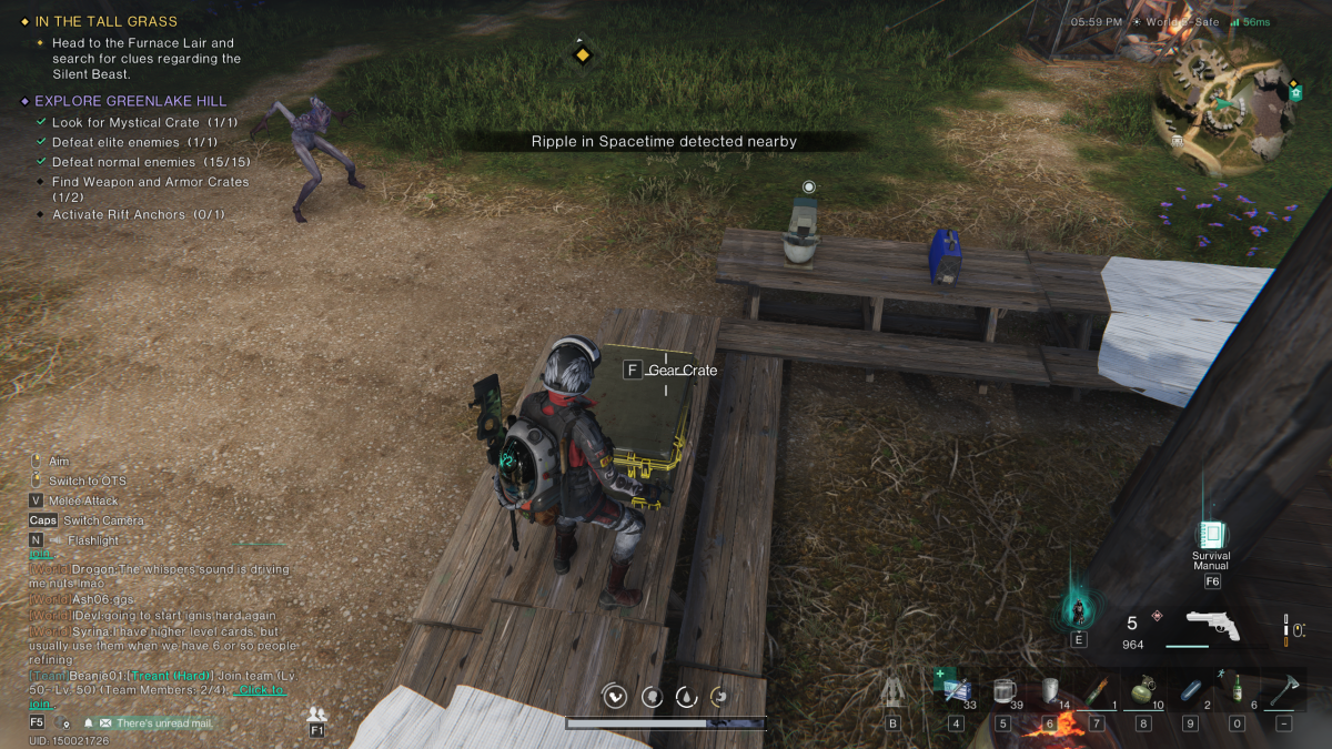 Image of the player standing on a wooden bench in the middle of a field in Greenlake Hill with a gear crate at his feet and a Deviant hissing at him at the edge of the screen