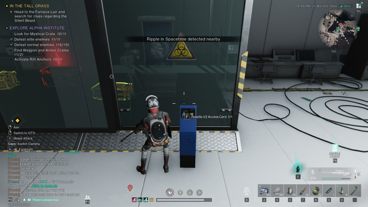 Image of the player standing outside of a glass room with three different crates inside of it in Once Human