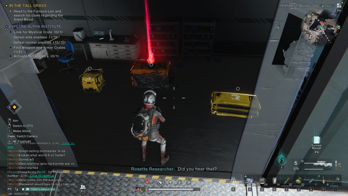 Image of the player standing in a dark room with a glowing red Mystical Crate at their feet and a gear and weapon crate flanking it in Once Human