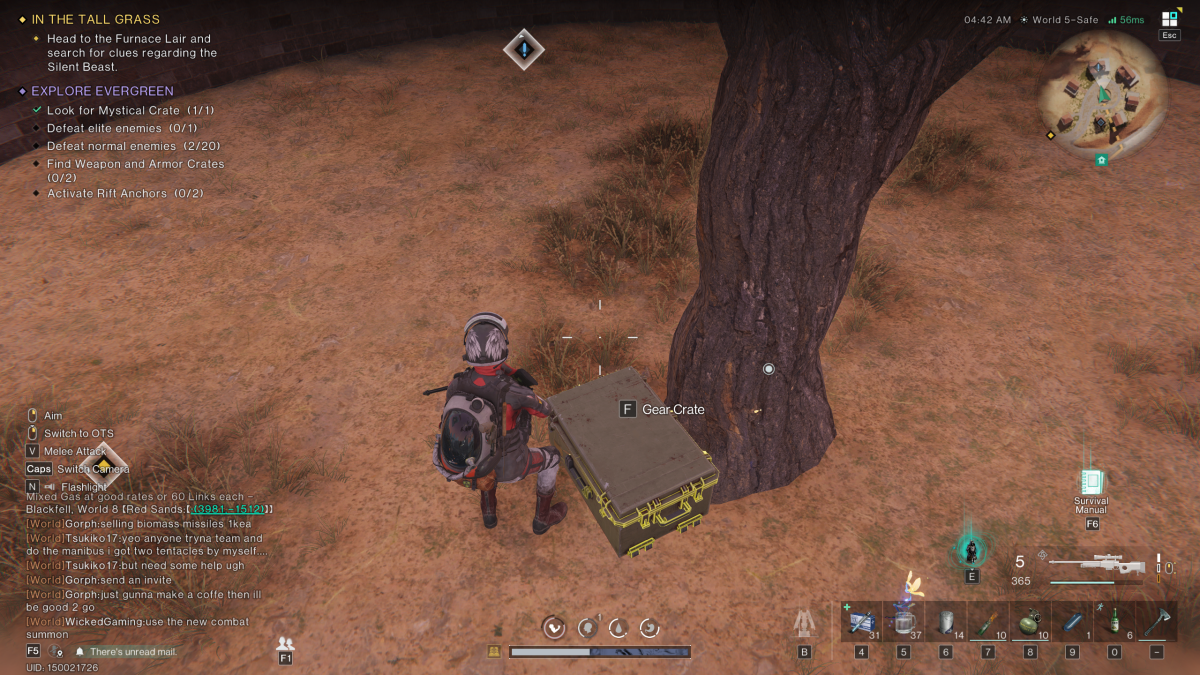 The player stands at the base of a tree with a gear crate at their feet