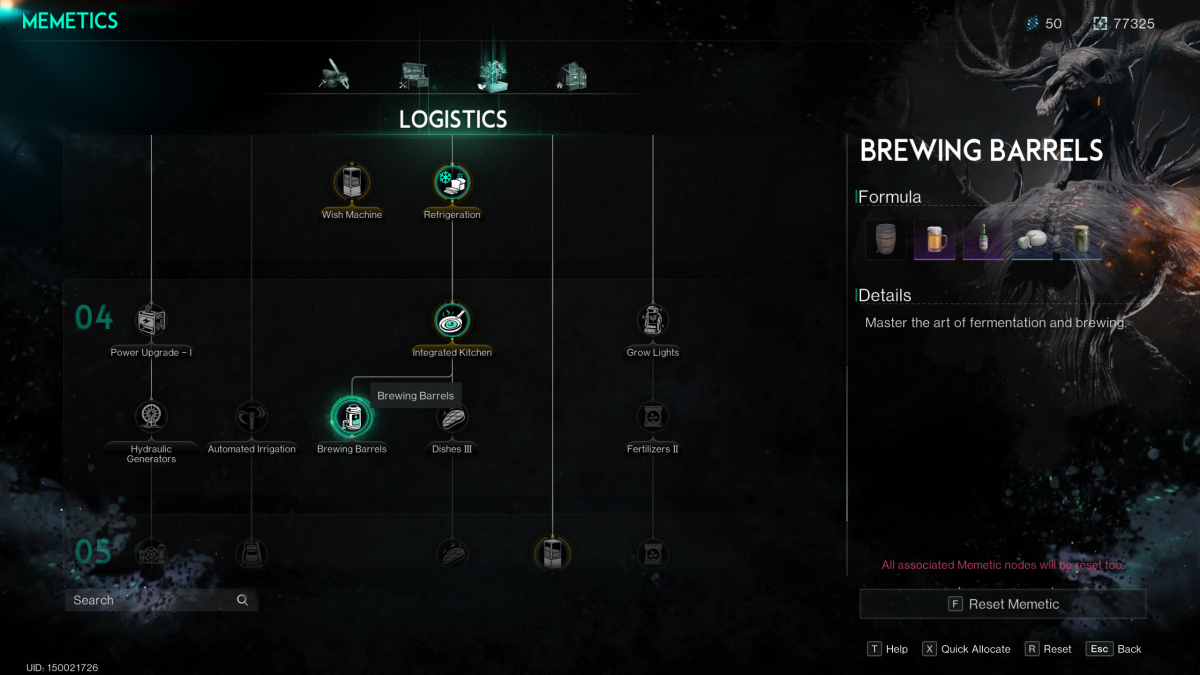 Image of the logistics memetic menu in Once Human with the brewing barrel selected 