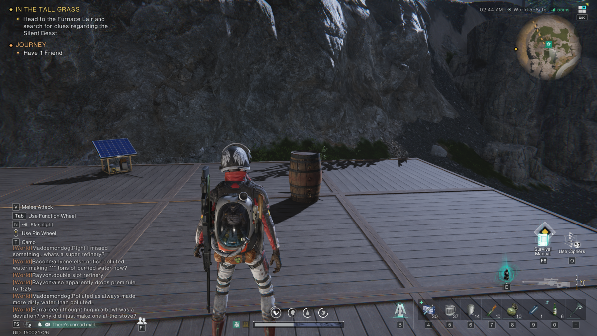 Image of the player standing on a wooden platform with a brewing barrel and a solar panel atop it in Once Human