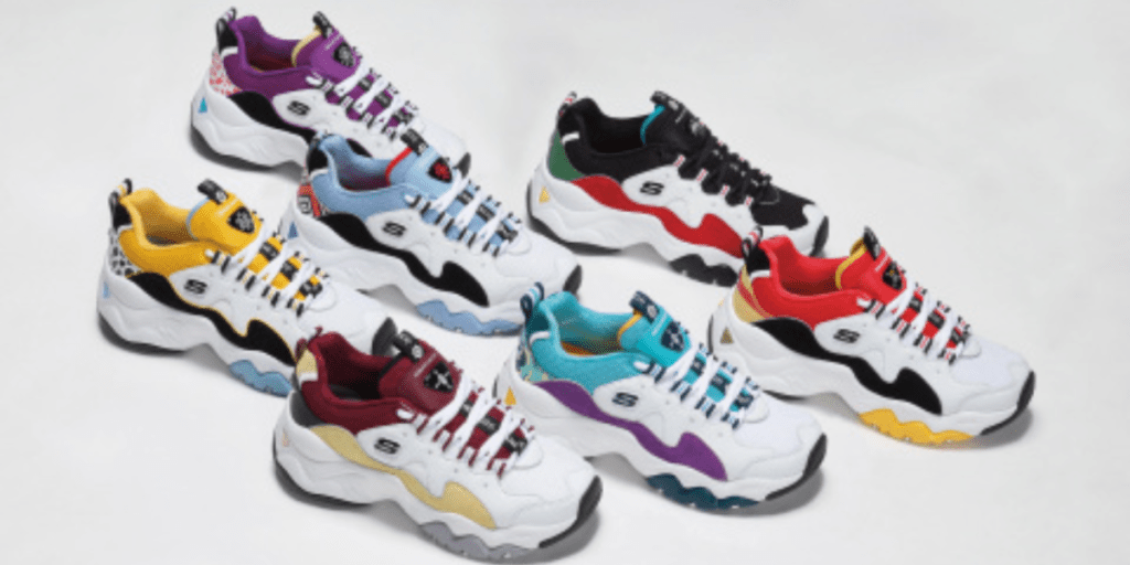 Image of a series of colorful Skecher sneakers on a white floor