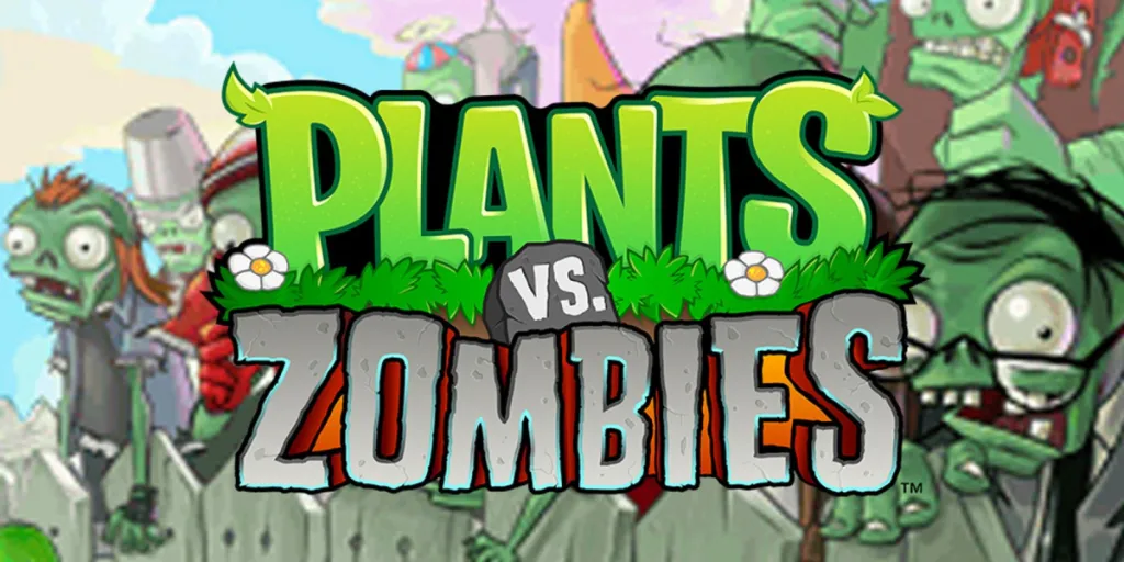 Zombies gather behind the Plants vs. Zombies title