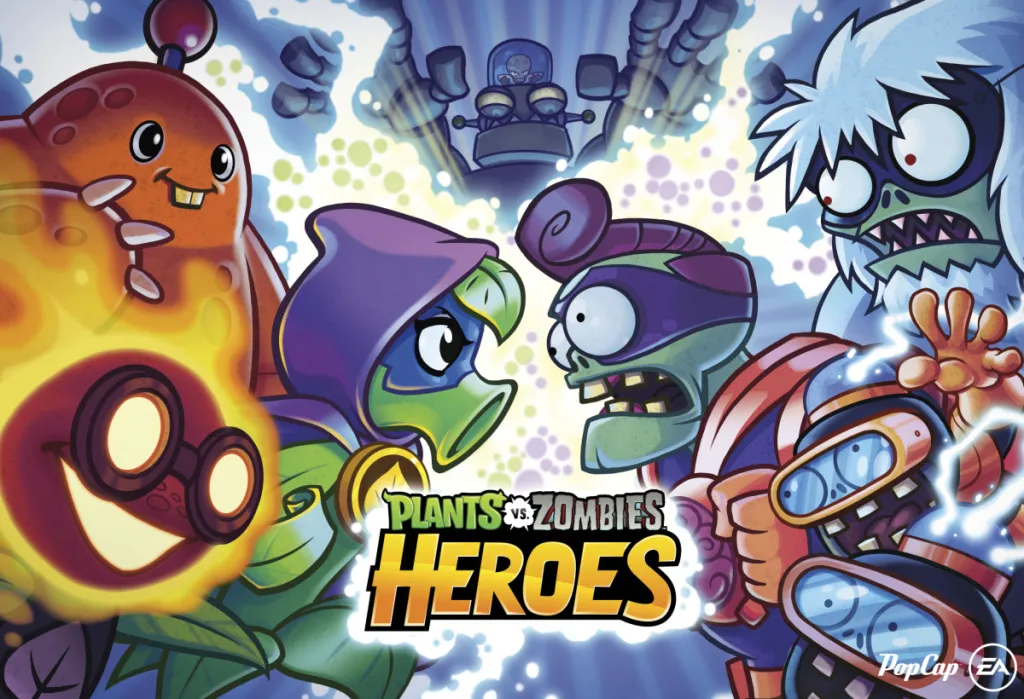 Plant and zombie factions face each other on the Plants vs. Zombies Heroes cover