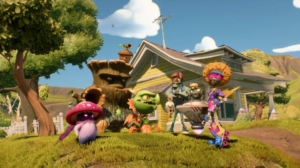 The plants and zombies pose together on a front yard