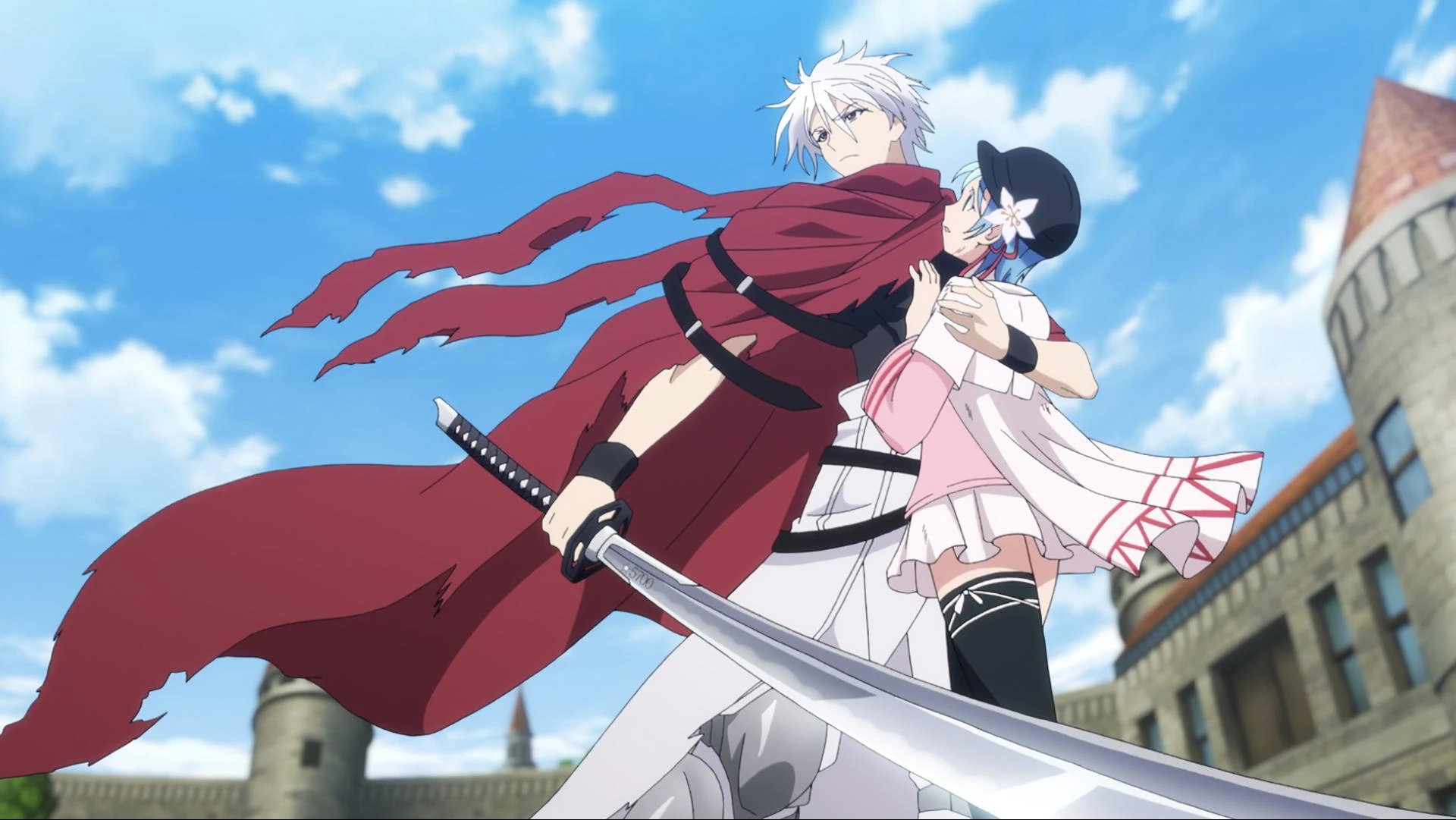 Licht holds Hina close with his sword drawn