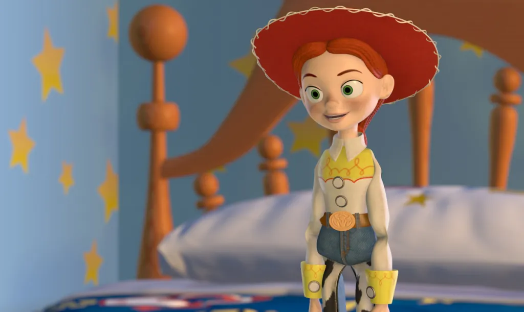 Jessie stands on Andy's bed in toy story 2