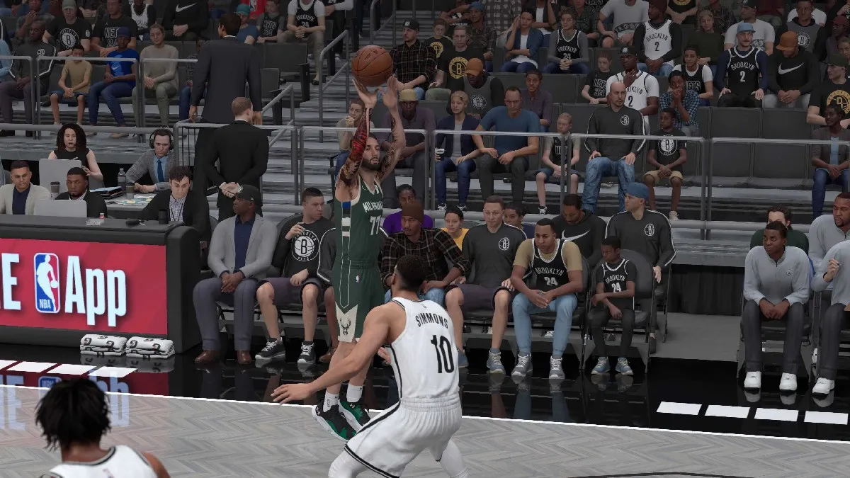 A MyPLAYER shooting a three in NBA 2K25