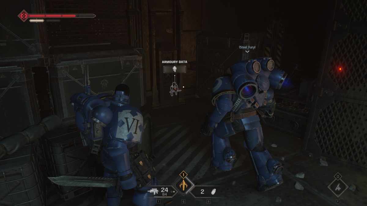 Two space marines standing in a corner looking at a Salvo=-Skull that's tucked away 