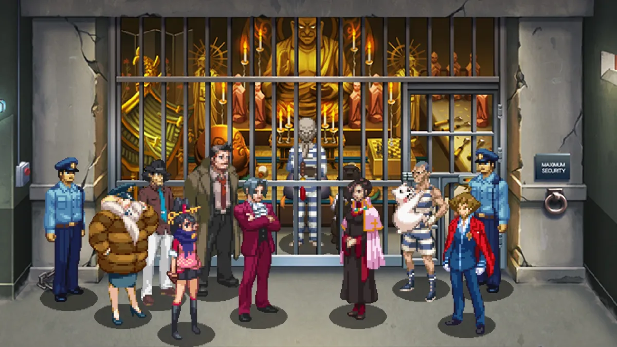 Ace Attorney Investigations 2 screenshot of the cast standing in a prison