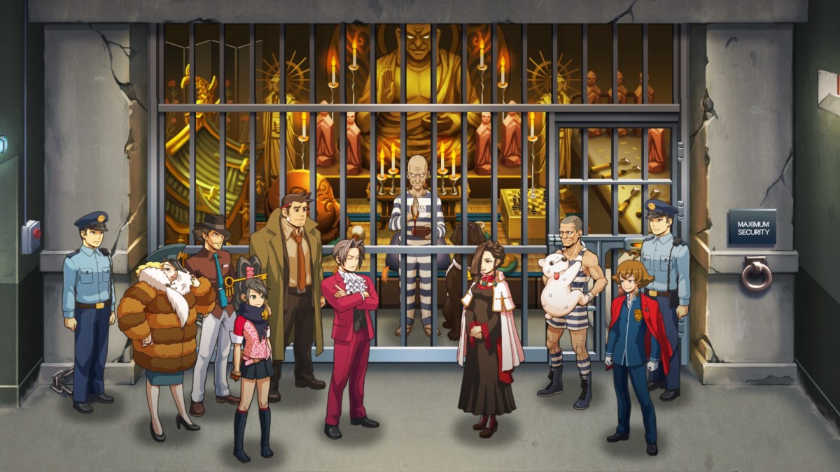 Ace Attorney Investigations 2 screenshot of the cast standing in a prison