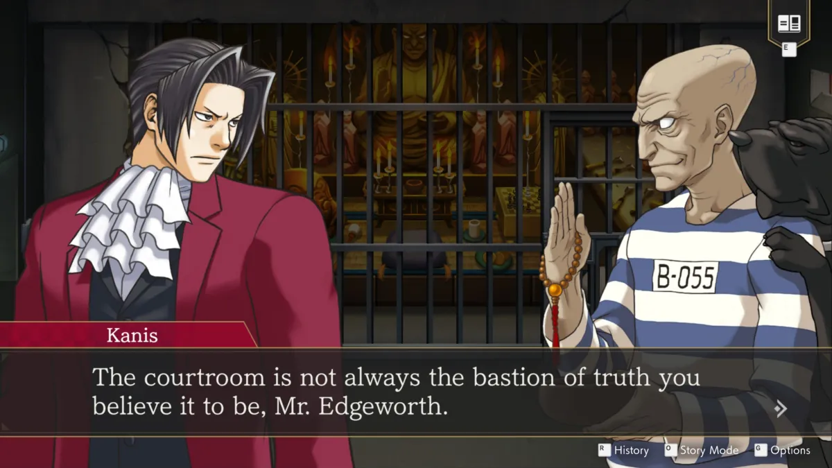 Ace Attorney Investigations 2 screenshot of Kanis telling Edgeworth the courtroom is not always a bastion of truth