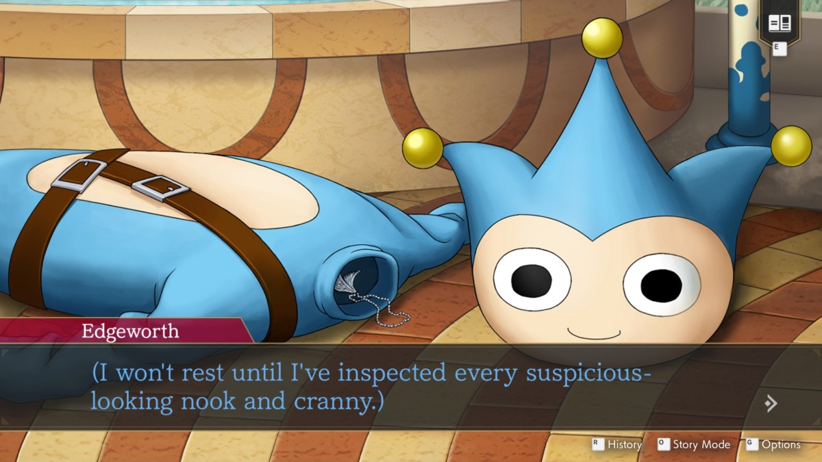 Ace Attorney Investigations screenshot of a blue badger costume lying on the ground