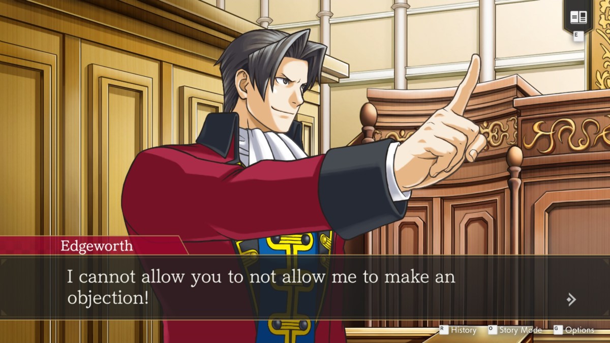 Ace Attorney Investigations screenshot of Edgeworth refusing to not make an objection